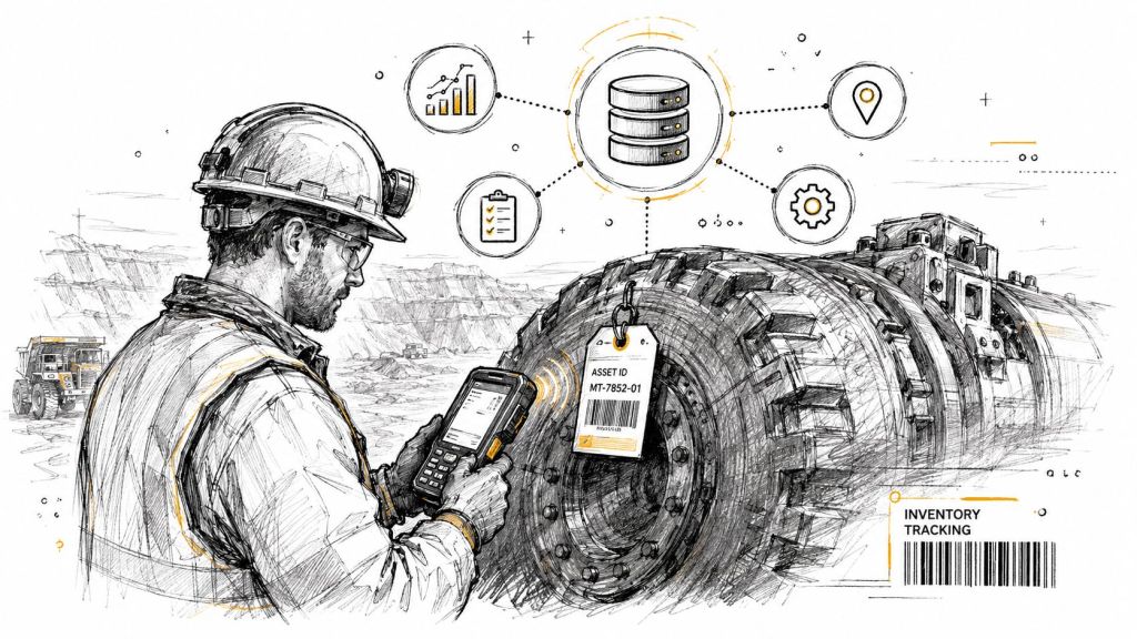 A worker in a mining site using a handheld scanner to track an asset attached to machinery.