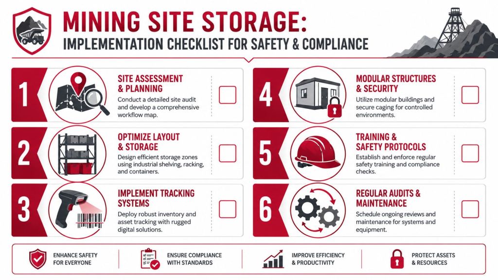 A checklist infographic for mining site storage detailing safety, compliance, and operational efficiency steps for industrial equipment.