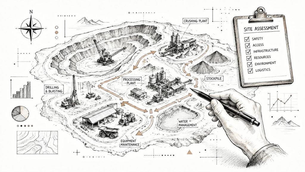 An illustrated technical site assessment drawing featuring mining infrastructure, processing plants, and equipment maintenance logistics operations.