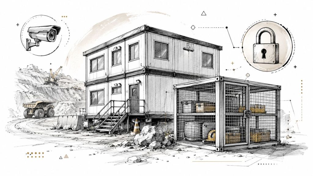 A pencil sketch of a construction office container and a secure storage cage at a mining site.