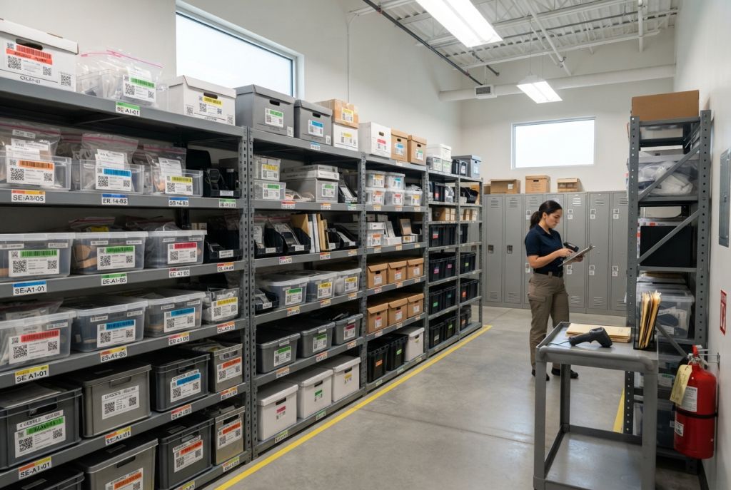 Rows of mobile shelving for records storage in a public safety or office building