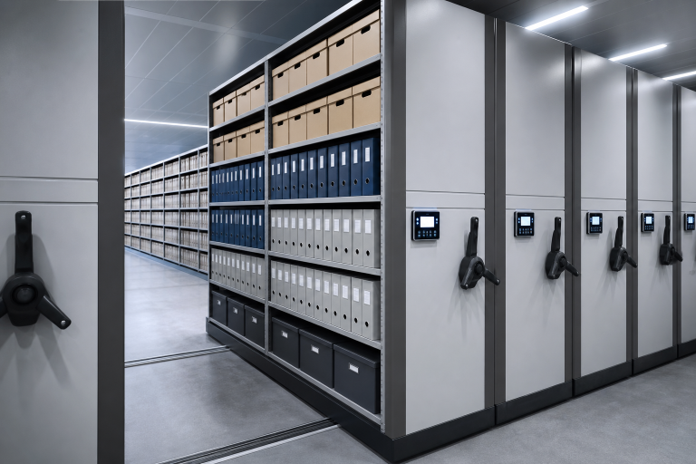 Mobile shelving planner layout view of carriages, handles and an open aisle