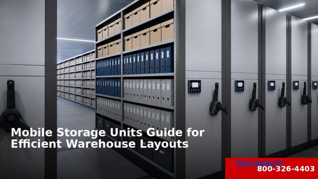 Mobile storage units with hand-crank shelving system on floor tracks for efficient warehouse layouts