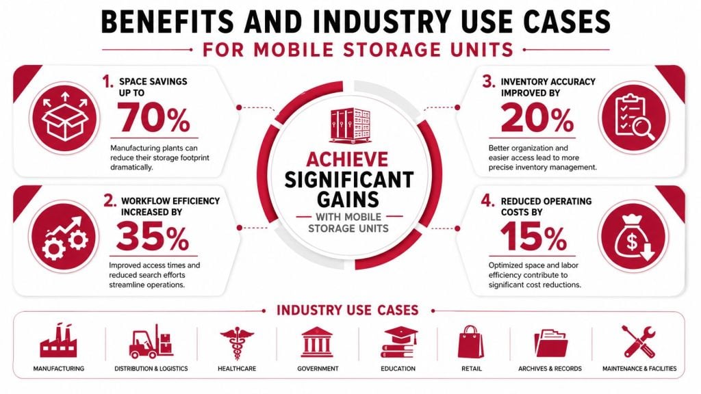An infographic highlighting the benefits and various industry use cases for mobile storage units in business settings.