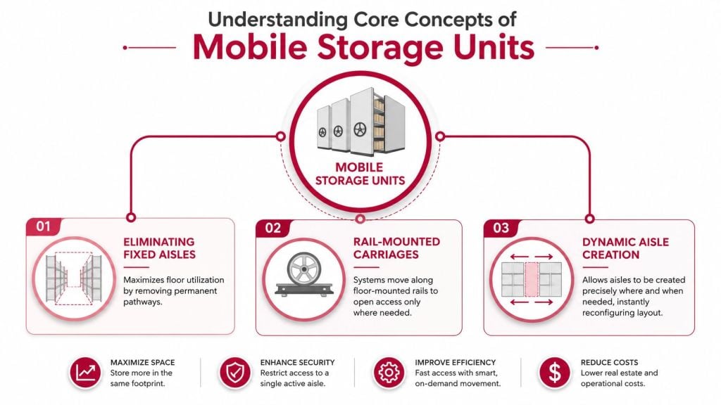 An infographic illustrating the core concepts and benefits of using industrial mobile storage units for space optimization.