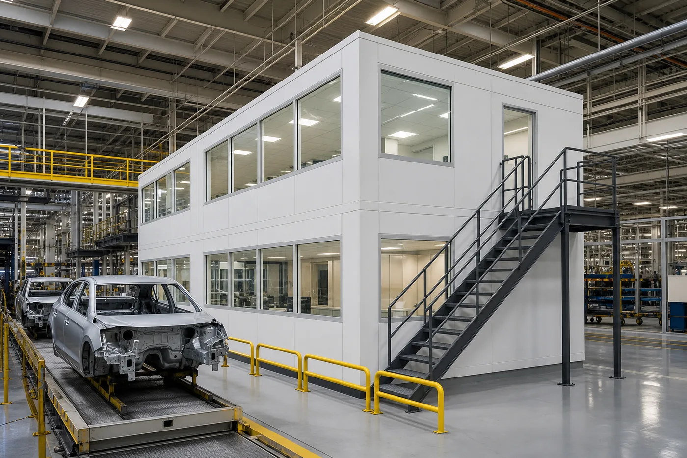 Two-story modular in-plant office installed beside an automotive assembly line
