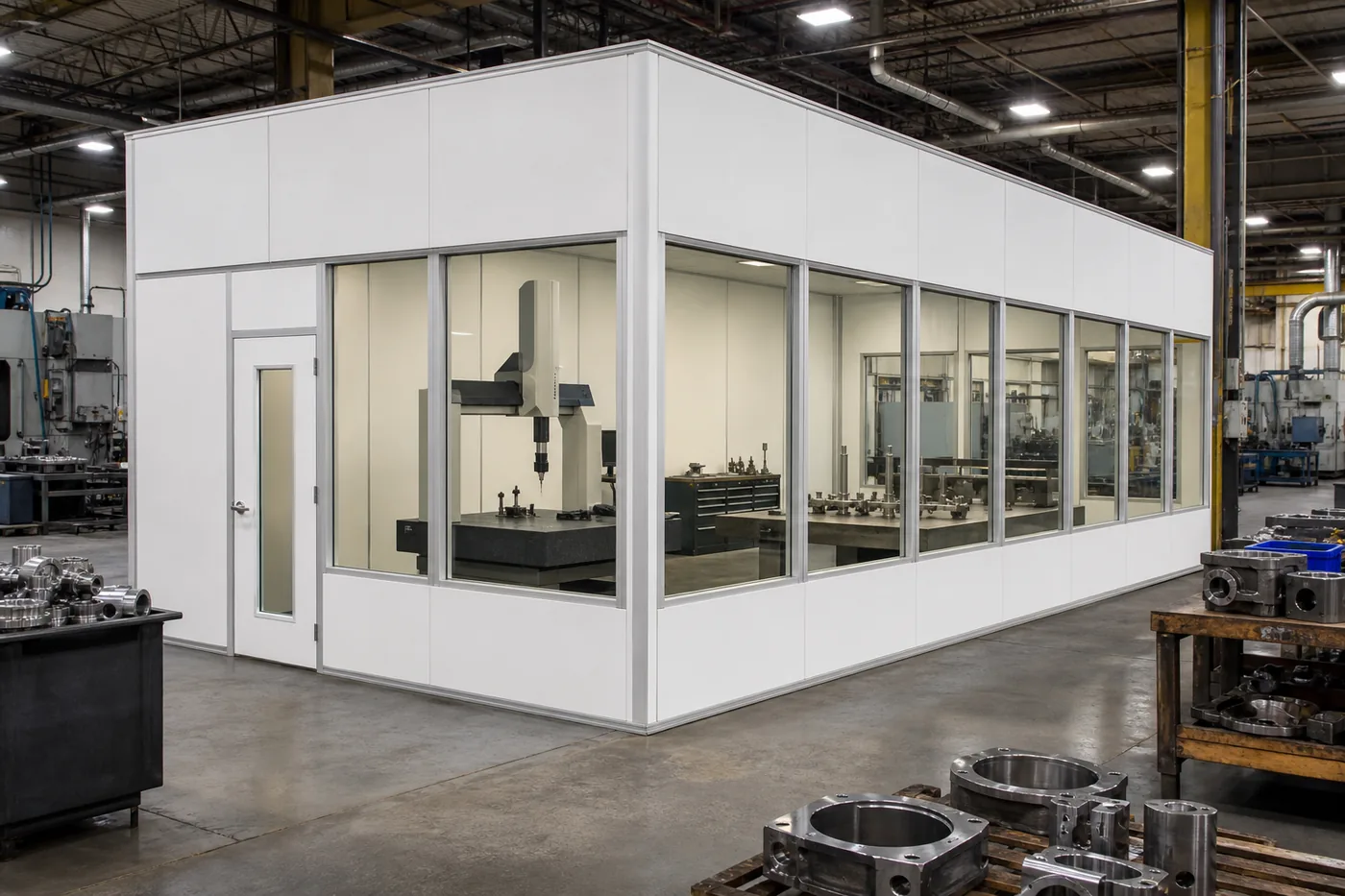 Modular in-plant quality control room housing a coordinate measuring machine inside a manufacturing plant