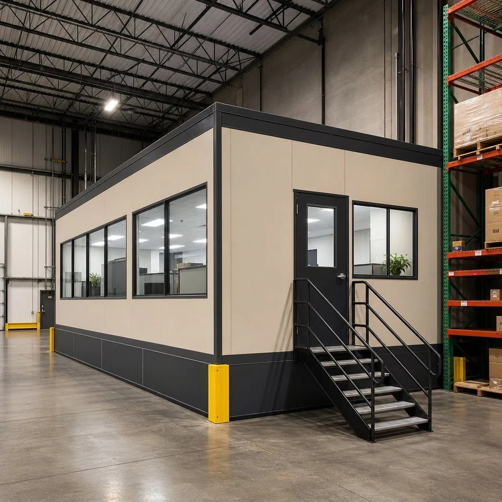 Modular office assembled inside an operating warehouse