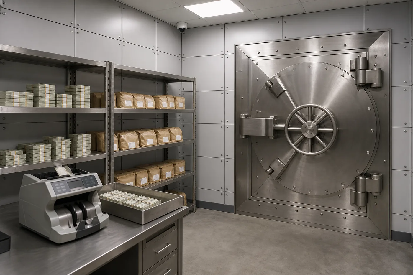 Modular cash room vault interior with rated boltwork door, deposit shelving and a counting station