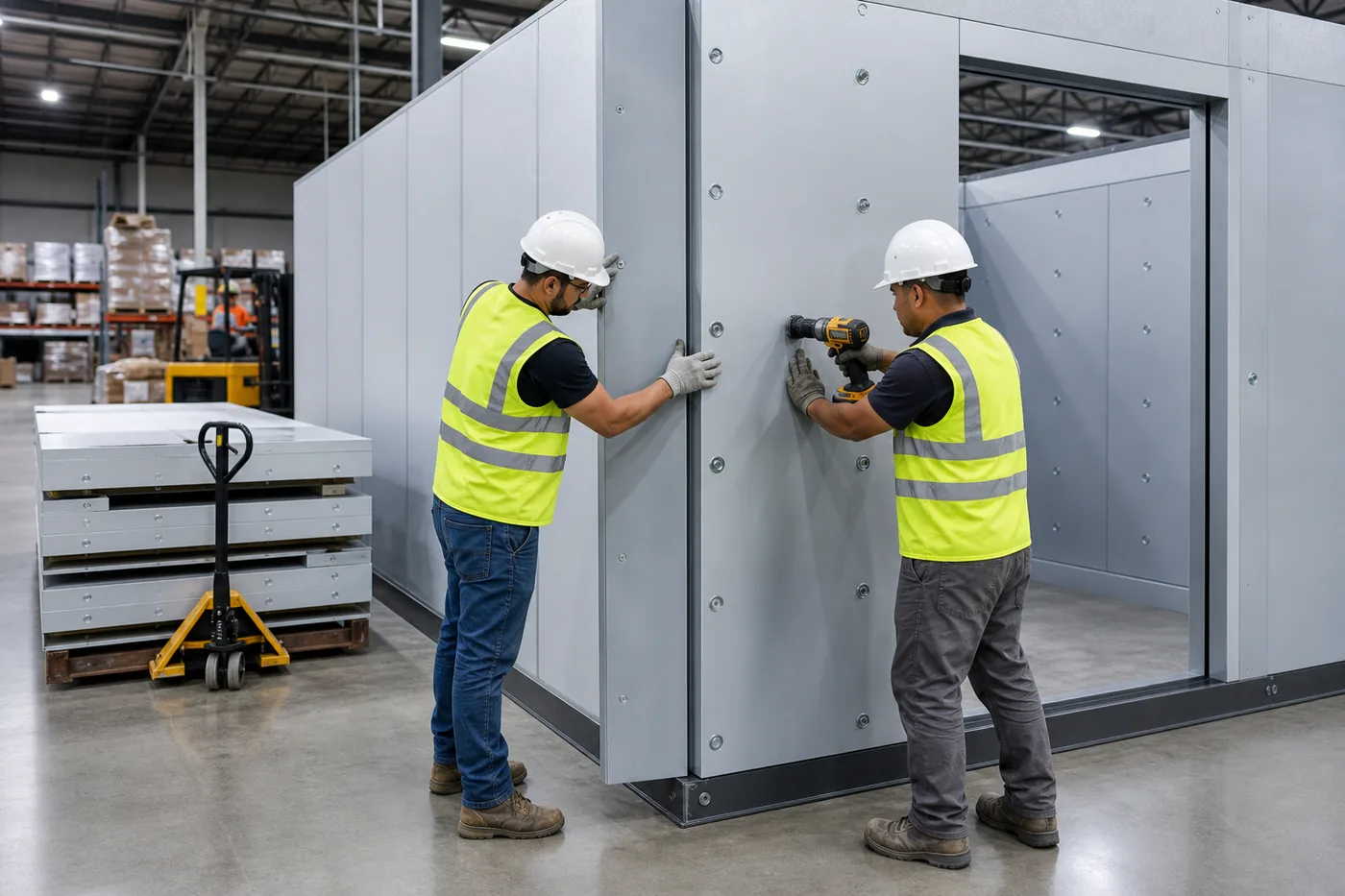 Installers bolting modular vault wall panels together during a dry assembly installation