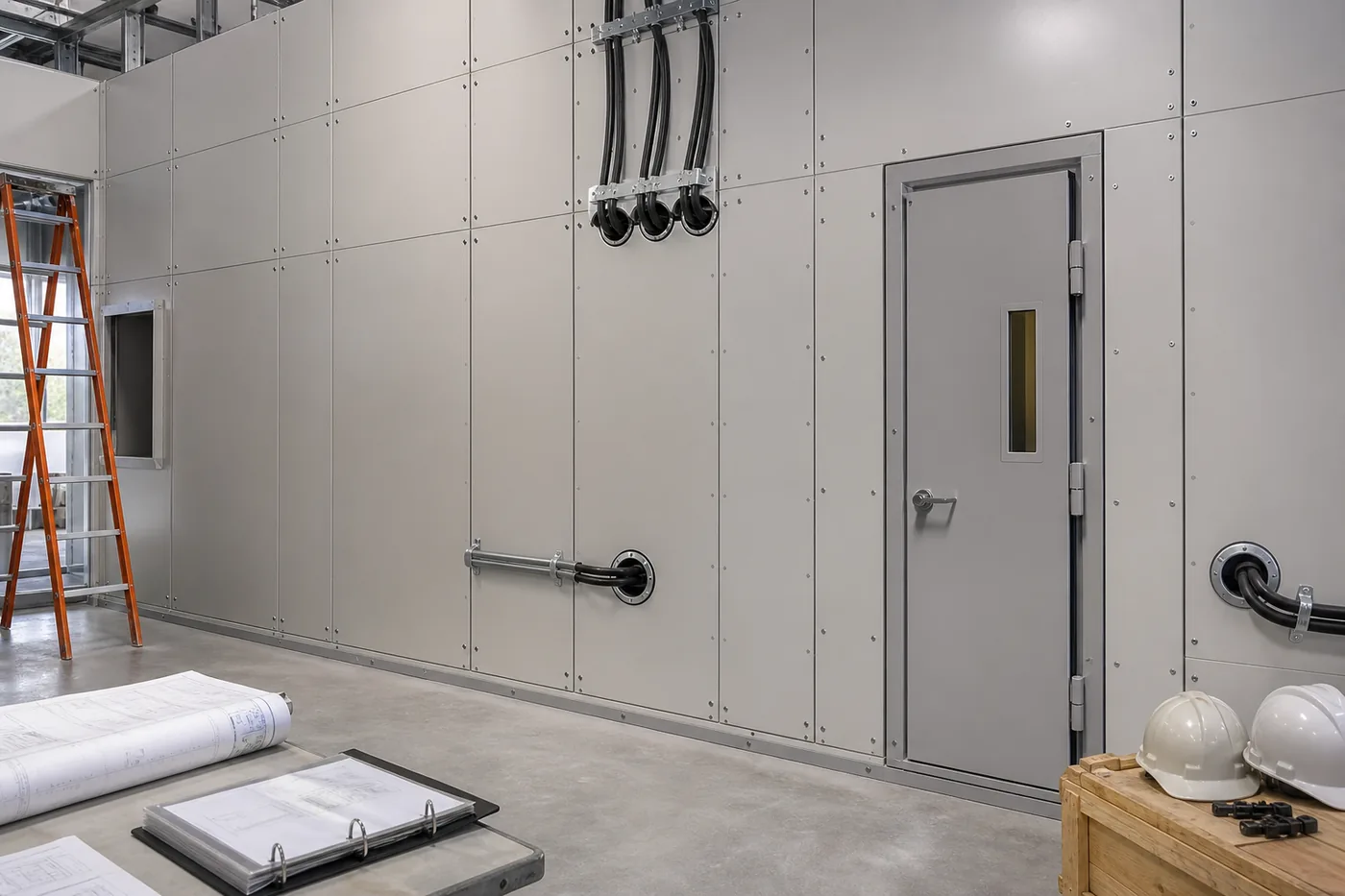 Modular secure government room under construction with panel walls, rated door and sealed cable penetrations
