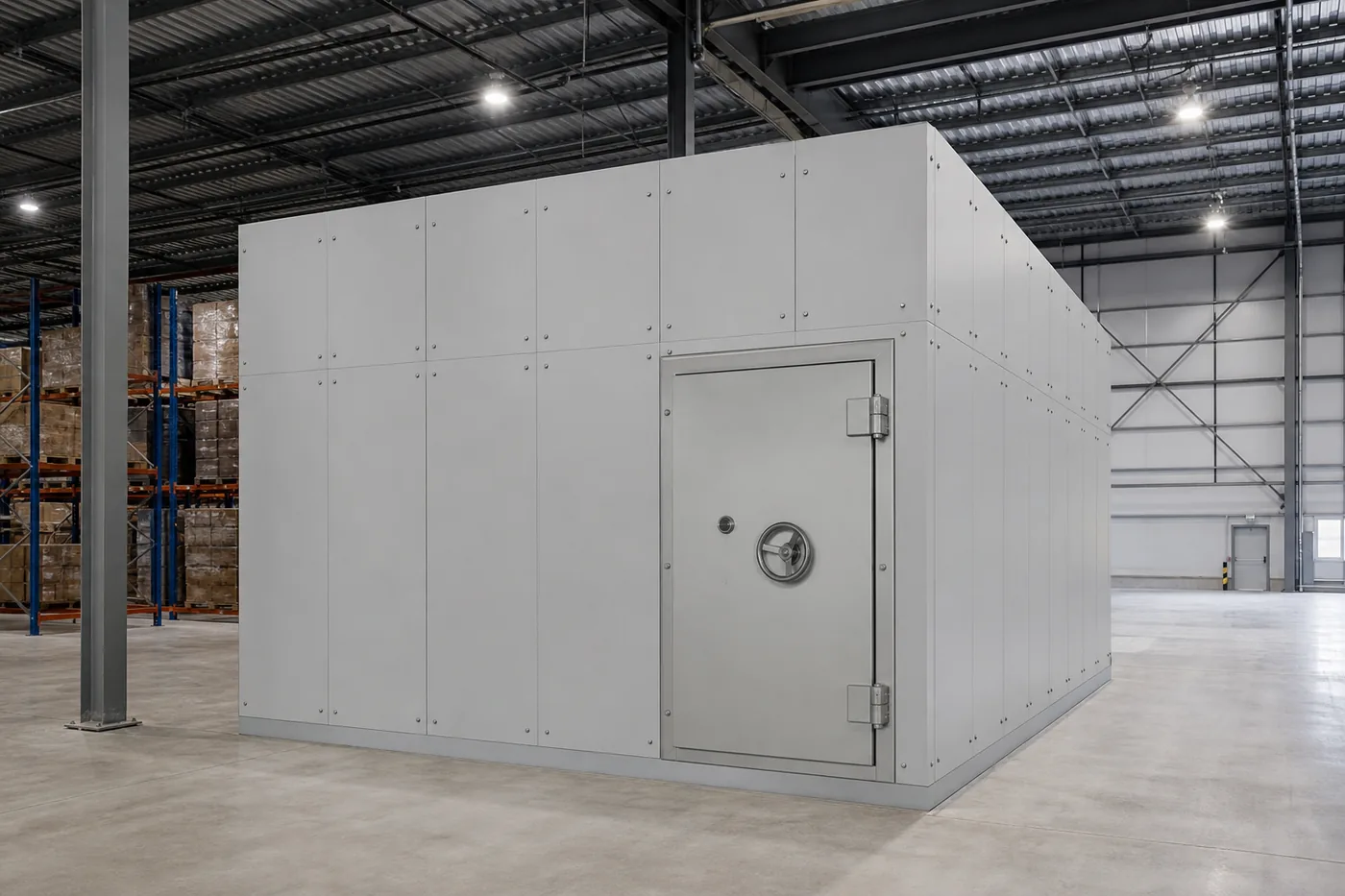 Modular vault assembled inside an existing warehouse building without a concrete pour