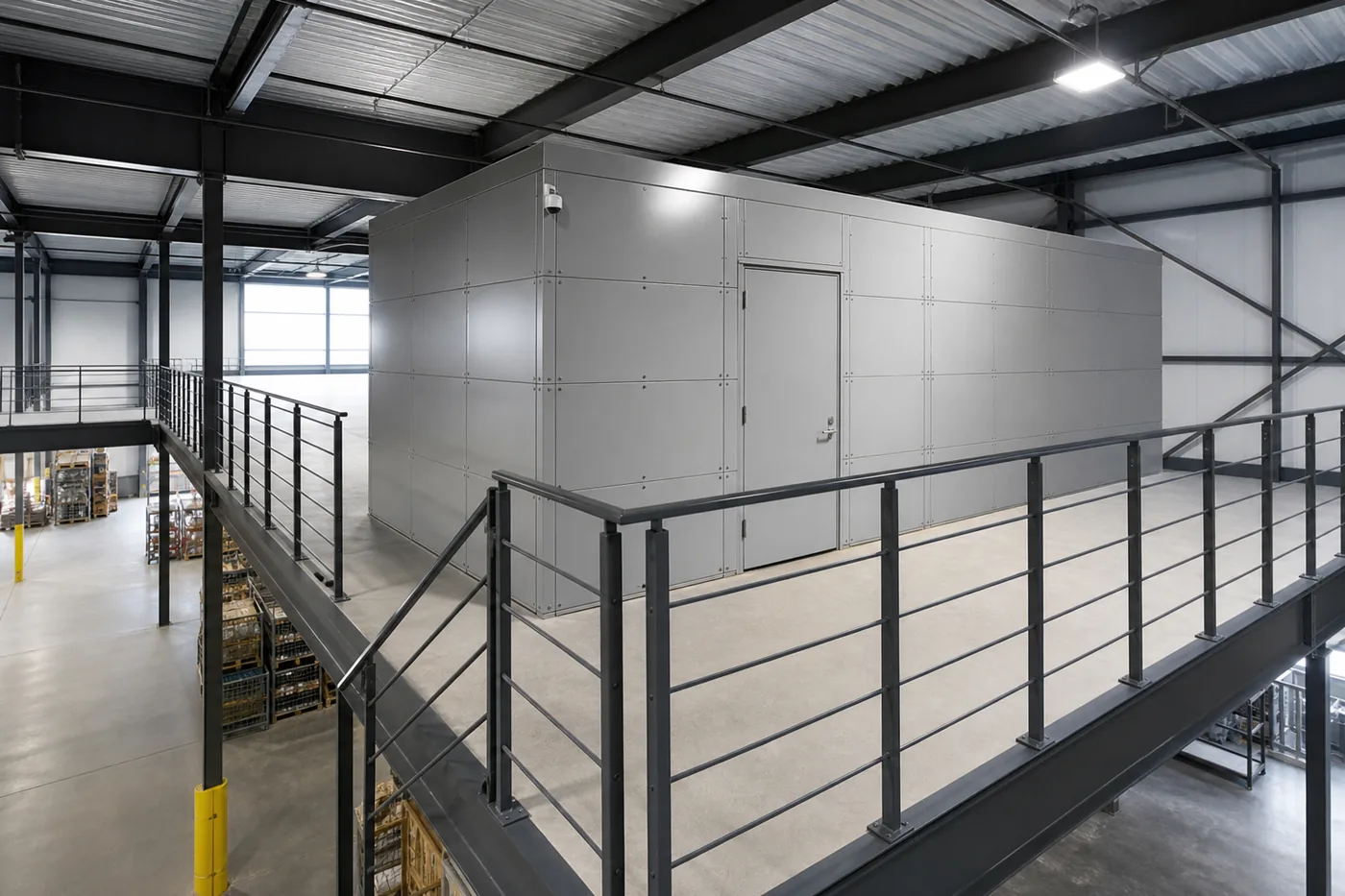 Modular vault installed on an upper level steel mezzanine deck inside an industrial building