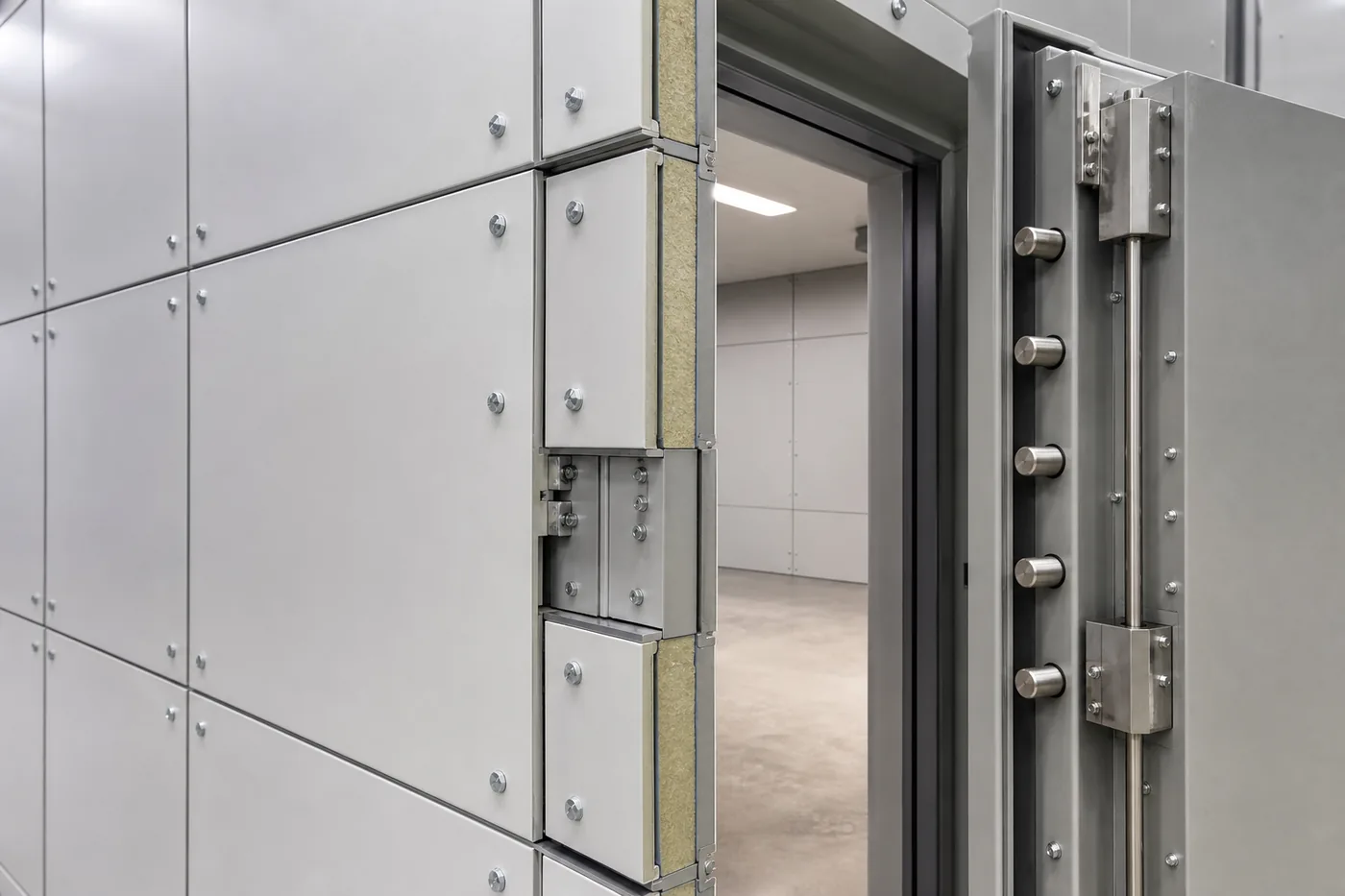 Construction detail of a modular vault wall panel joint, door frame and multi-point locking bolt work