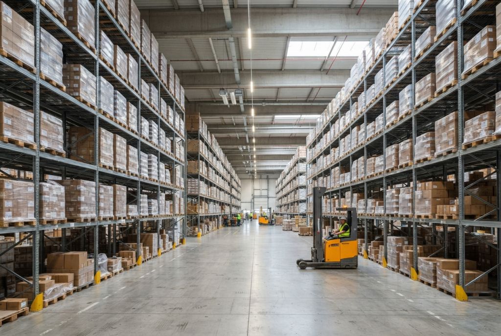 Narrow aisle pallet racking rows with reduced aisle module in a distribution warehouse