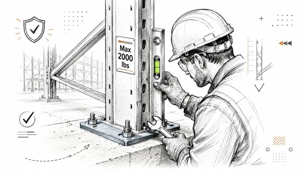 A warehouse worker checking the vertical alignment of a heavy-duty storage rack column with a spirit level.