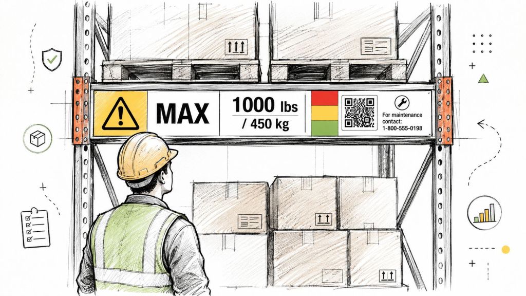 A warehouse worker looking at a shelf with a safety label indicating a maximum load capacity.