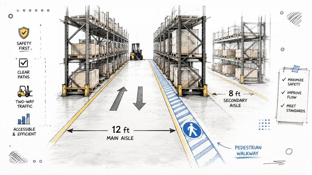 A diagram illustrating warehouse aisle dimensions with designated zones for forklifts, pedestrians, and safety compliance markings.