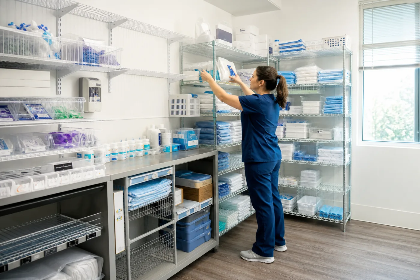 Organized outpatient clinic supply room with labeled shelving and medical assistant restocking supplies