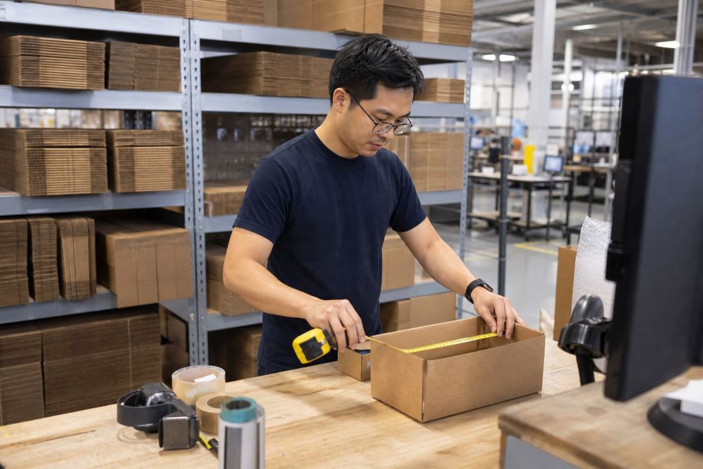 Packer measuring a corrugated box with a tape measure to right-size a carton at a bench