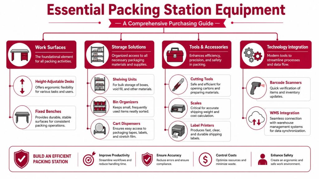 A comprehensive guide infographic displaying essential equipment for efficient packing stations in e-commerce fulfillment operations.