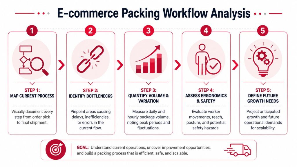 A five-step infographic guide detailing the workflow analysis process for e-commerce packing and fulfillment operations.
