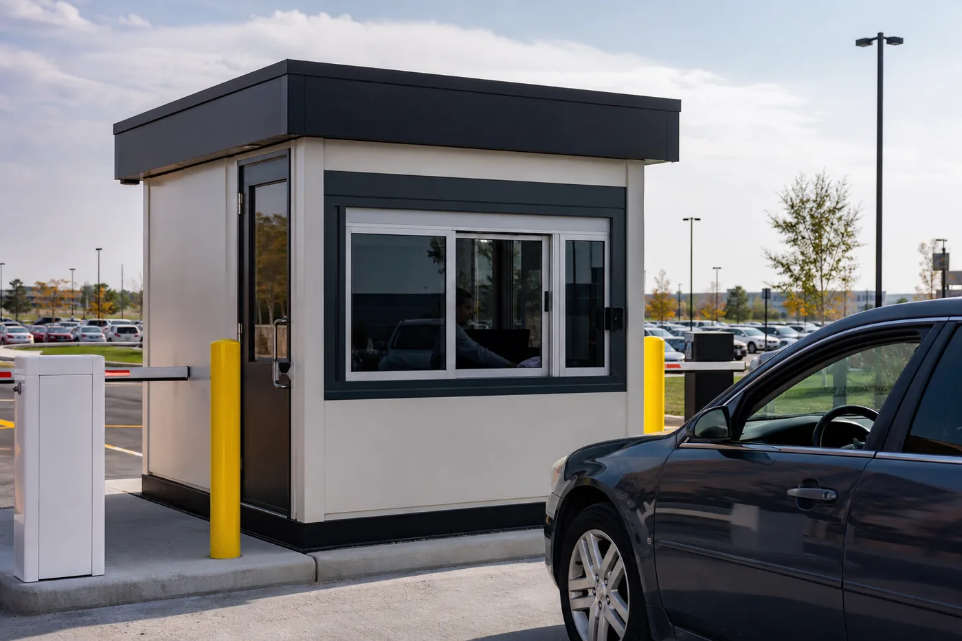 Parking and toll collection booth serving an active vehicle lane