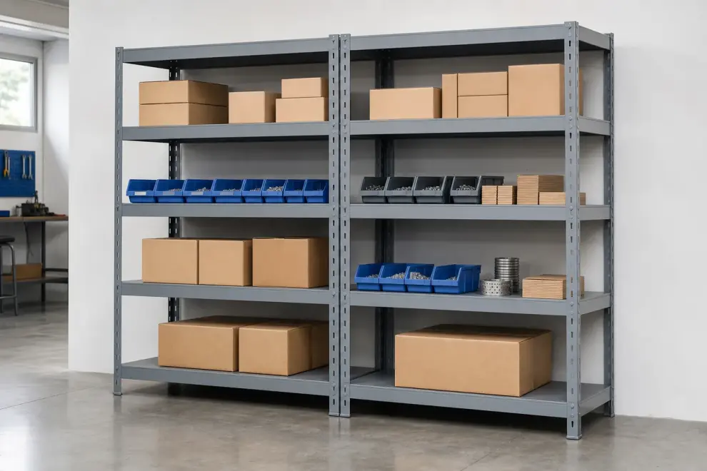 Two steel shelving units joined by a shared post forming a continuous add-on run