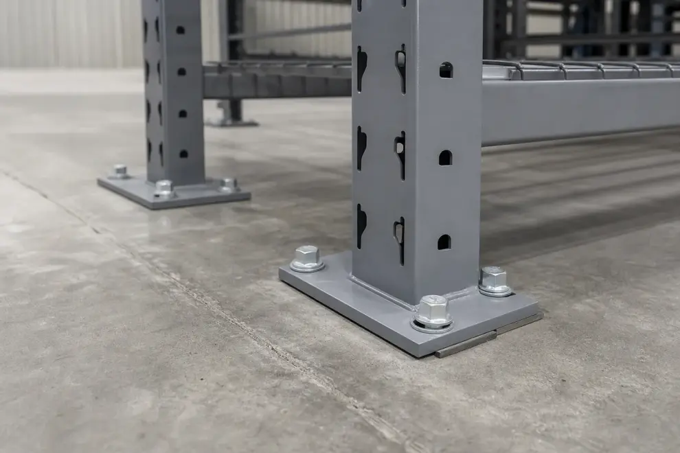 Base of steel shelving posts anchored to a concrete slab with expansion anchors and levelling shims