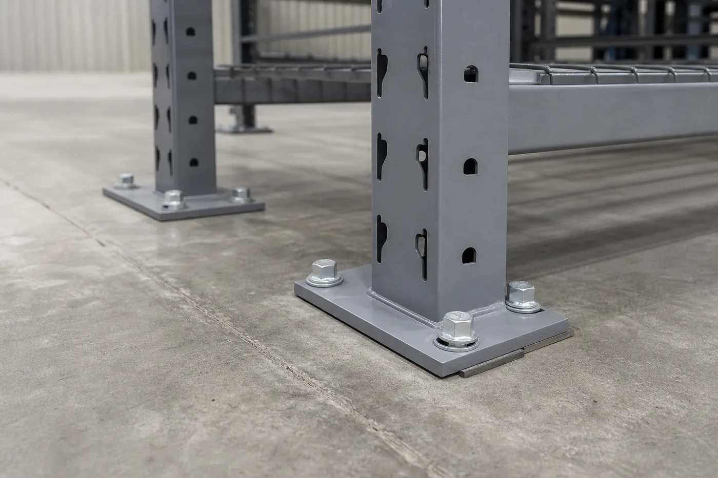 Base of steel shelving posts anchored to a concrete slab with anchor plates, bolts and shims