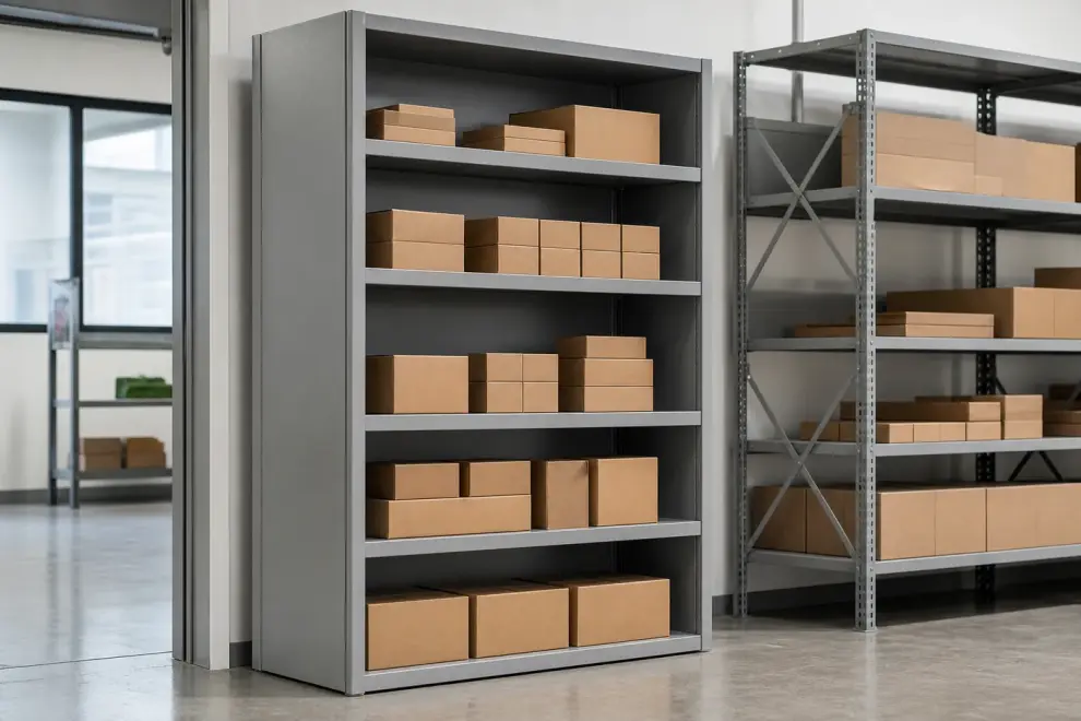 Steel shelving unit fitted with solid back and side panels retrofitted to an open unit