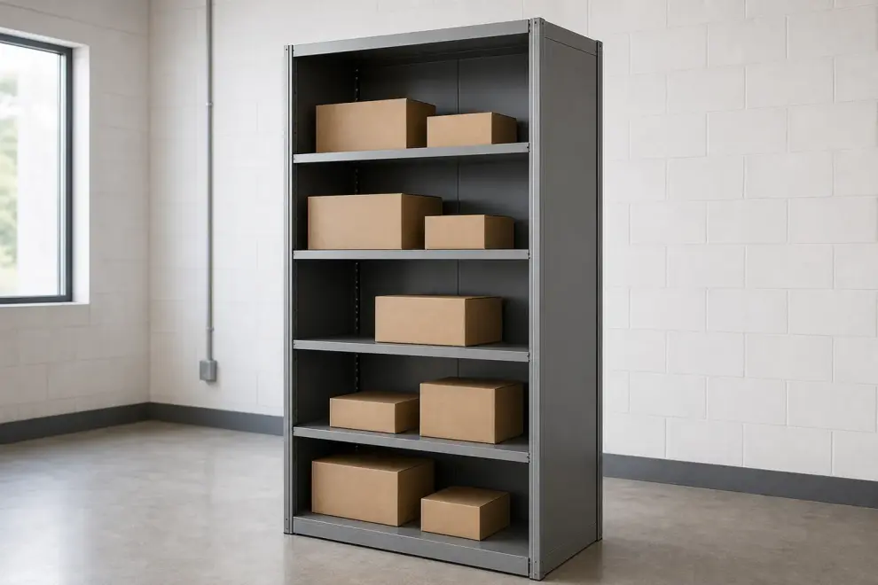 Closed-style steel shelving unit with solid back and side panels holding cartons