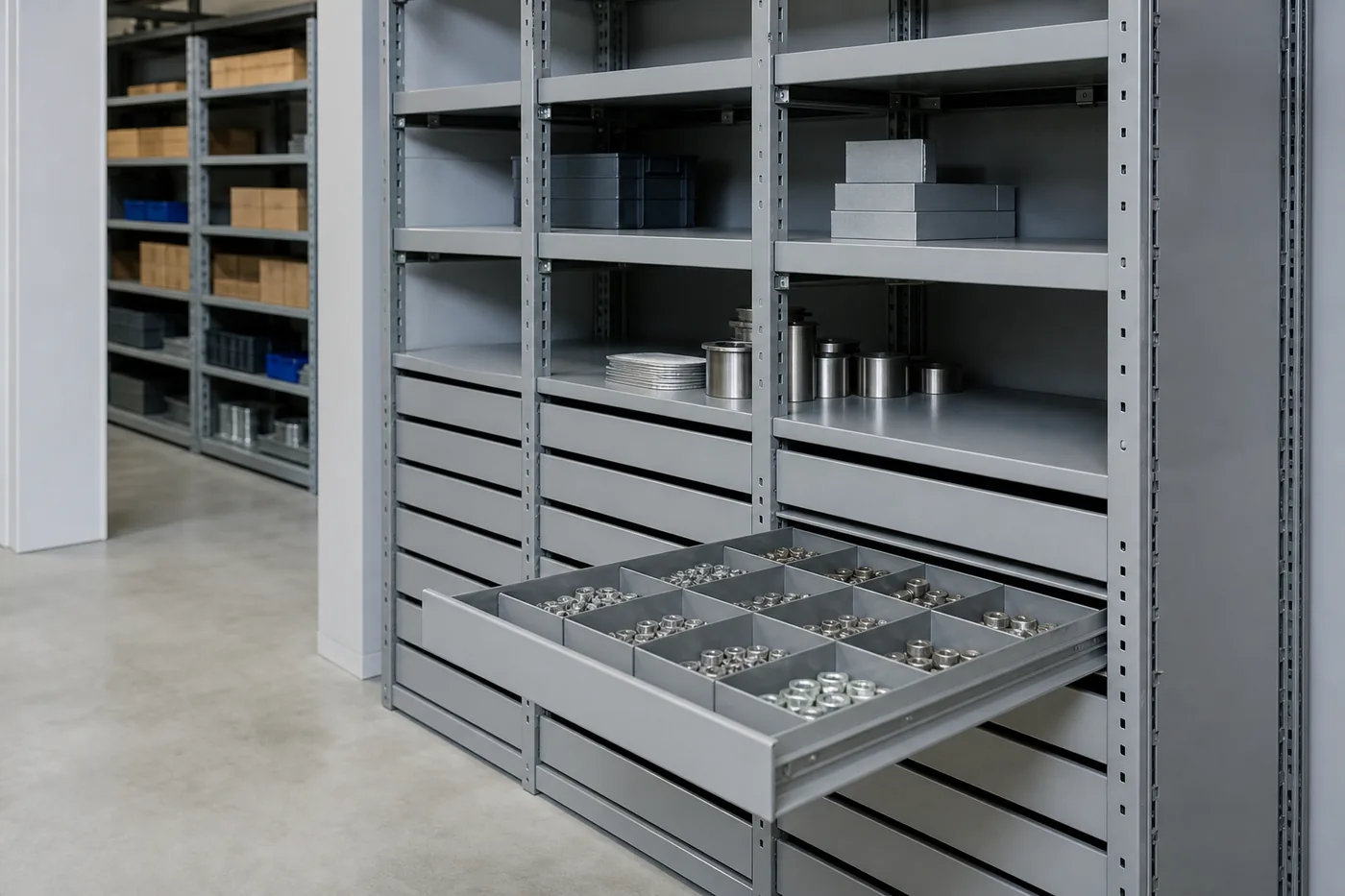 Shallow steel modular drawer units installed in a steel shelving bay with one drawer open