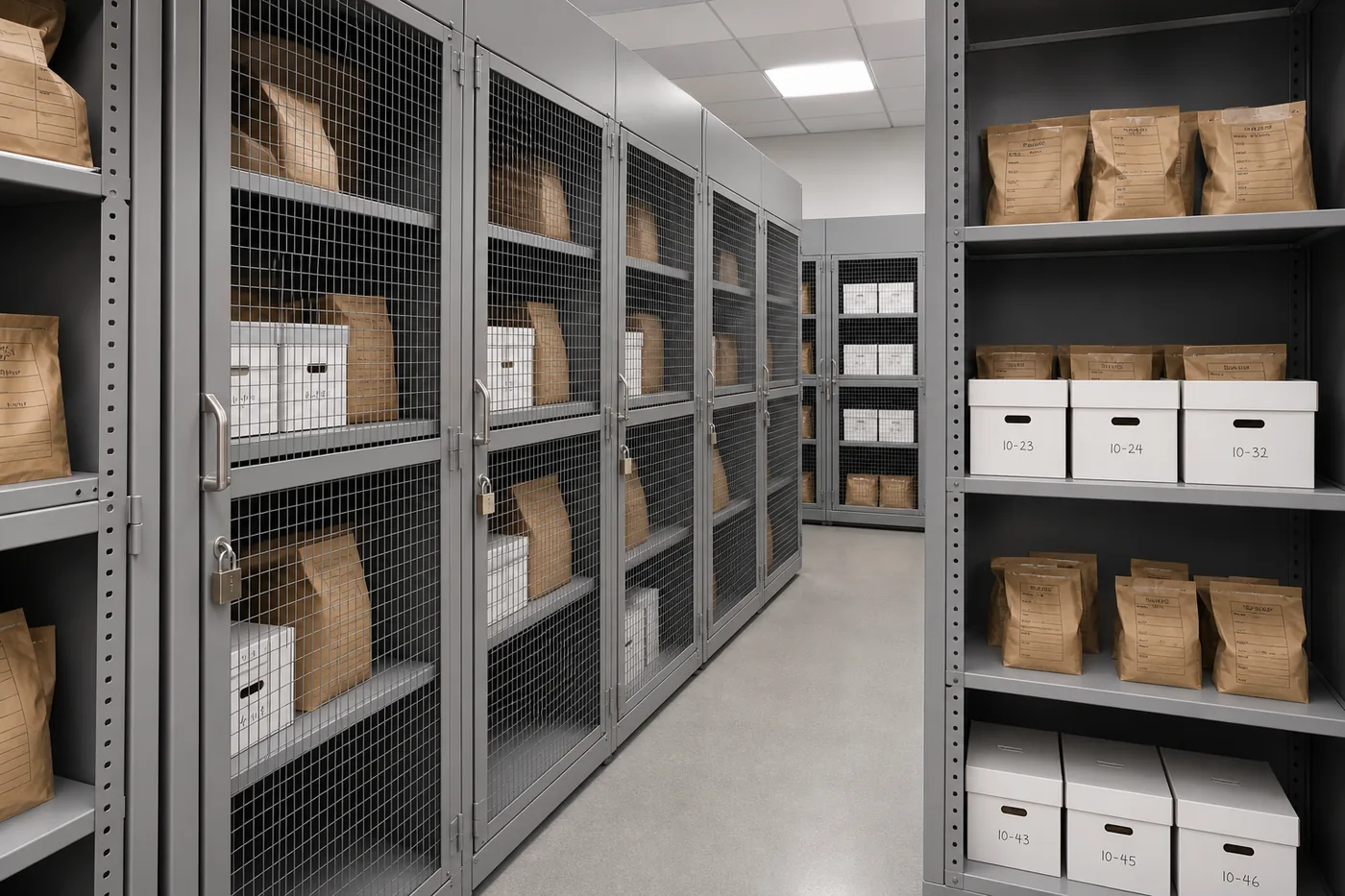 Evidence storage room with closed-back steel shelving and lockable mesh security doors