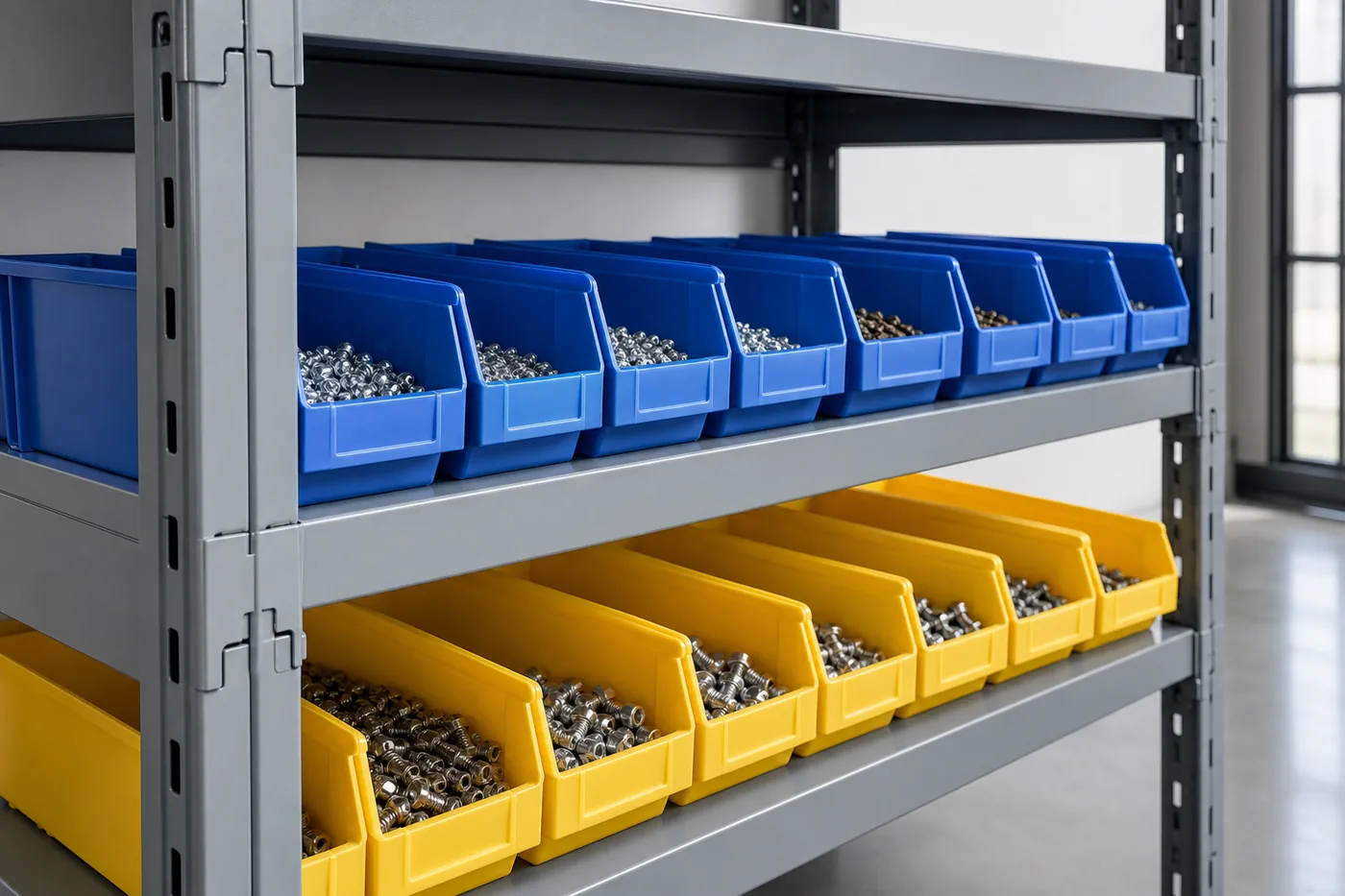 Rows of blue and yellow open-front plastic parts bins on grey steel shelving levels