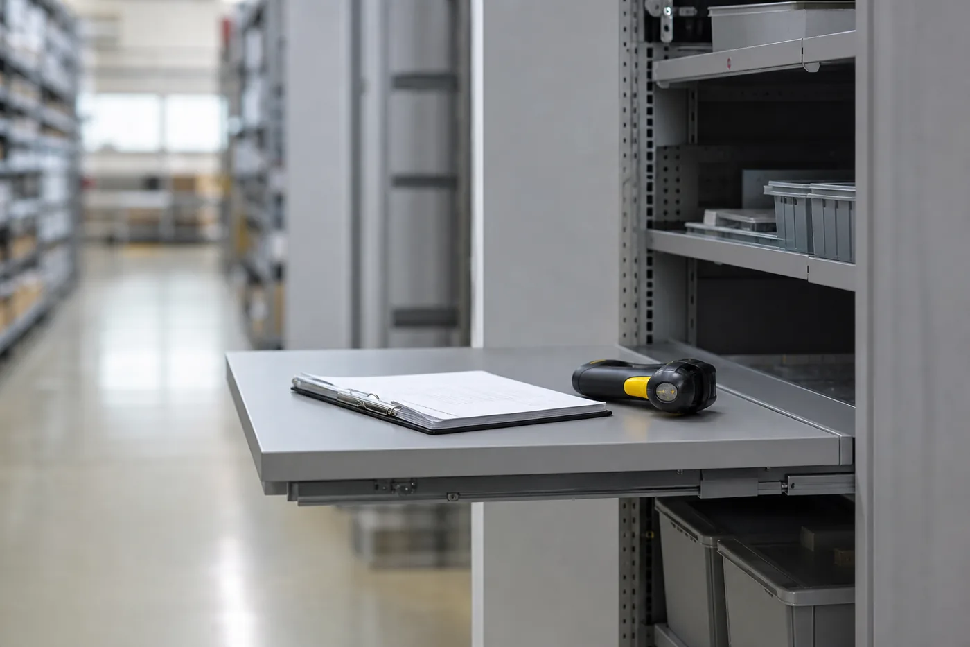 Pull-out steel reference shelf used as a work surface at the pick face of a shelving bay