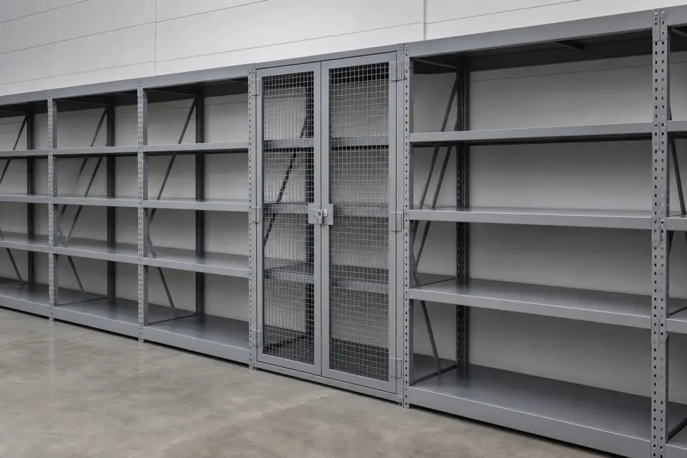 A single shelving bay enclosed with lockable steel mesh security panels and a hinged door