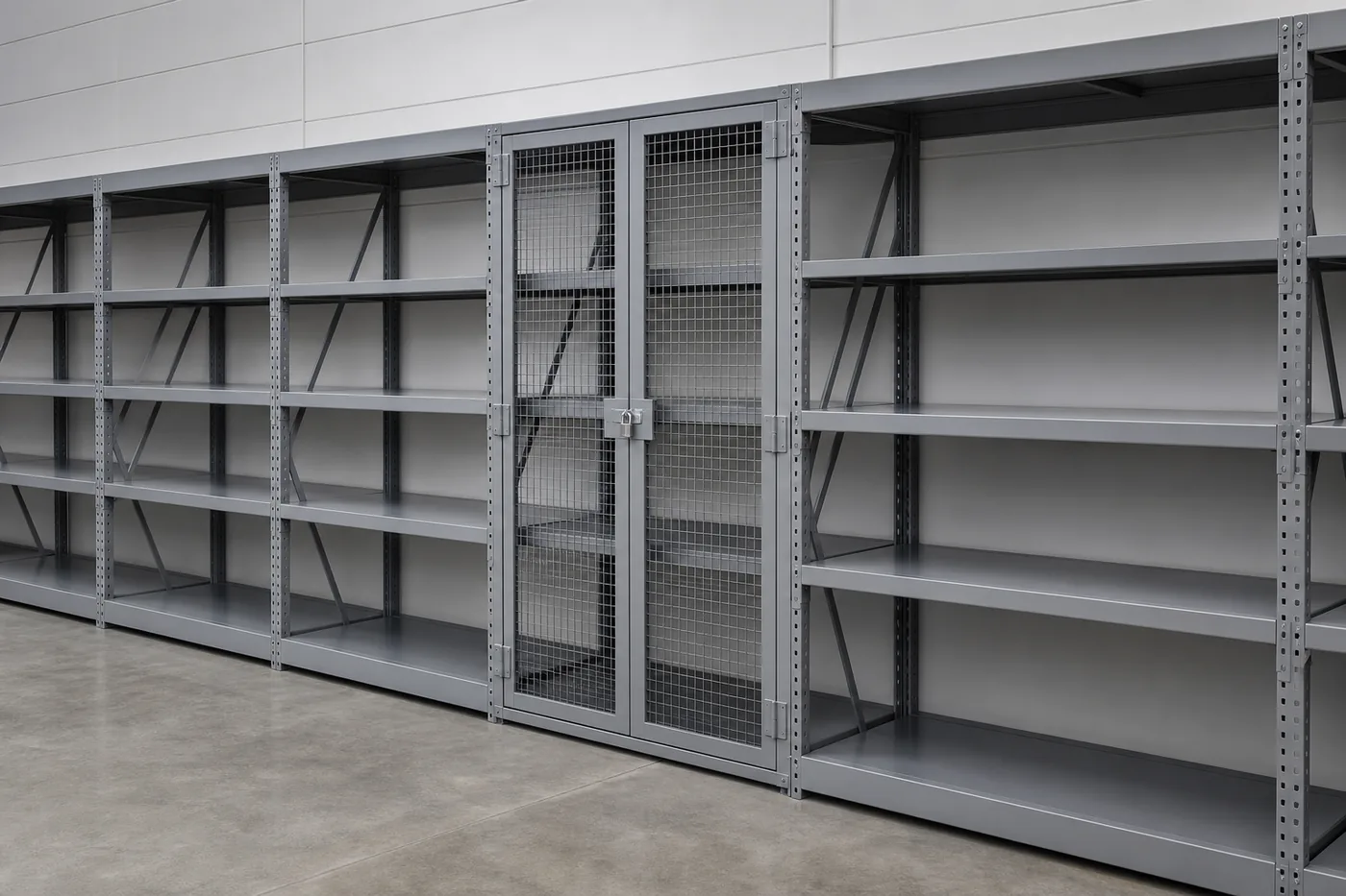 A single shelving bay enclosed with lockable steel mesh security doors within an open shelving run