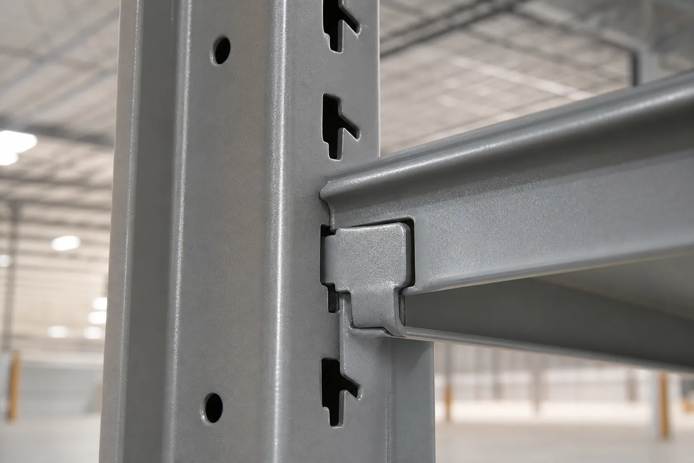 Close-up of a steel shelf clip engaged in the slotted post of a Penco Clipper shelving unit