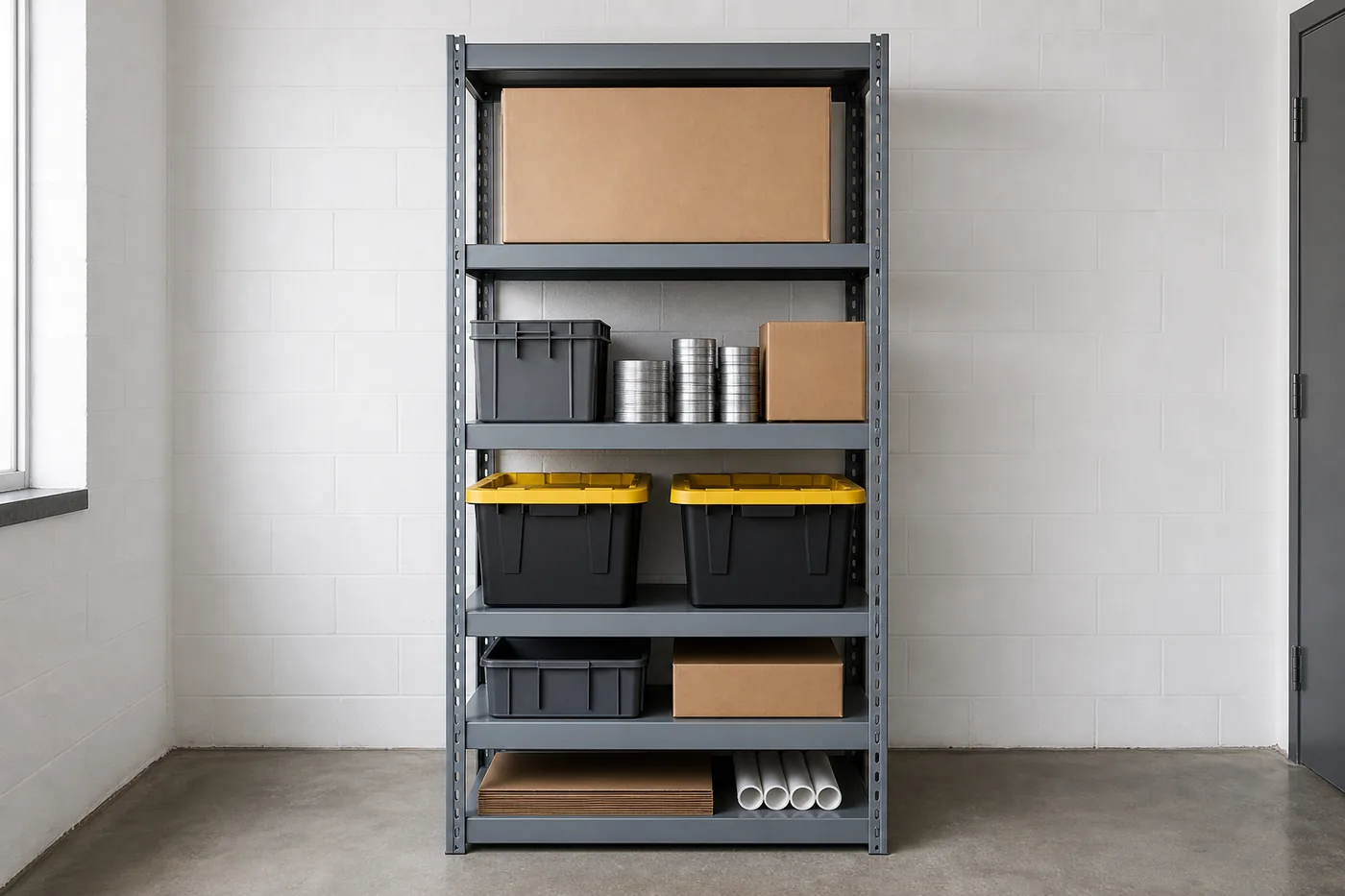 Penco Clipper shelving unit with shelf levels set at different opening heights on one-inch slot spacing