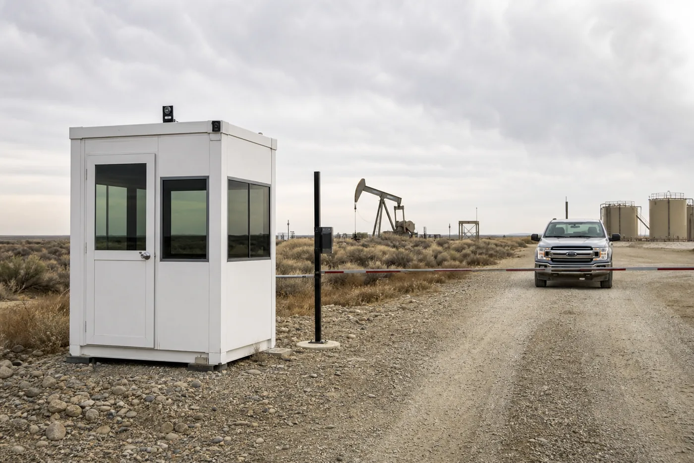 Portable guard booth controlling access on a remote oil field access road