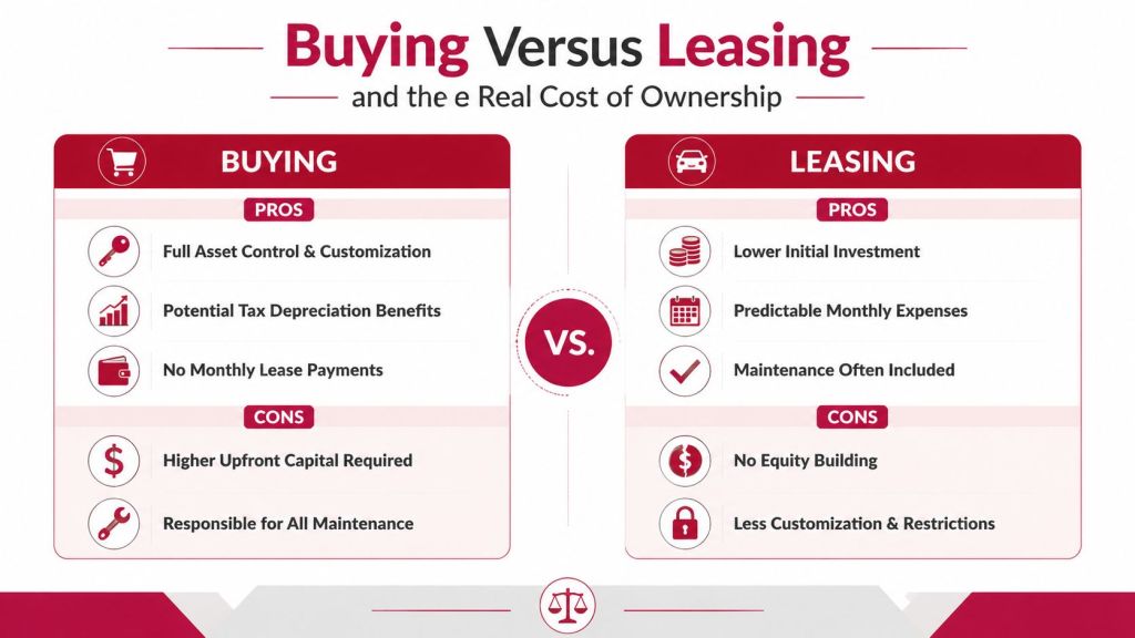 A comparison chart outlining the pros and cons of buying versus leasing for assets and property.