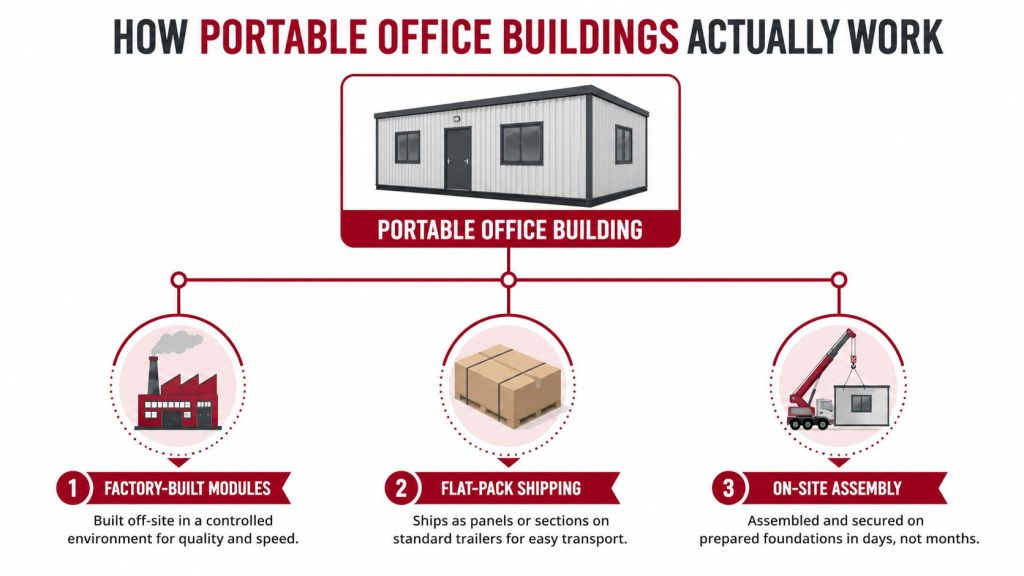 A diagram illustrating the three-step process of manufacturing, shipping, and assembling portable office buildings.