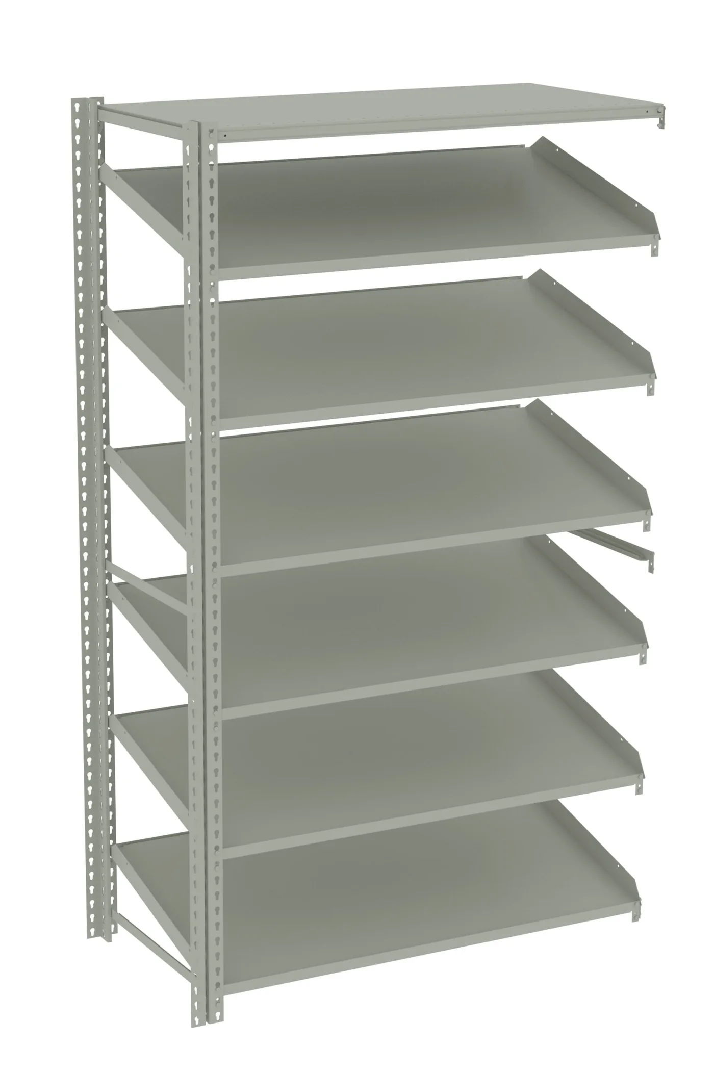 Tall gray steel shelving unit with five adjustable perforated shelves in a warehouse