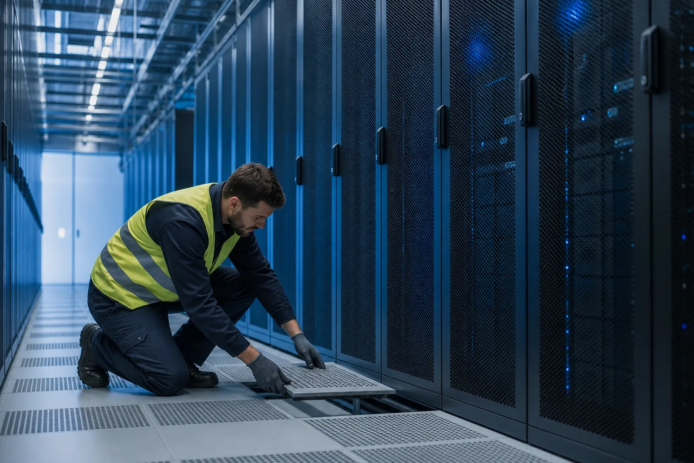 Perforated raised floor tiles delivering cold air to server cabinet intakes