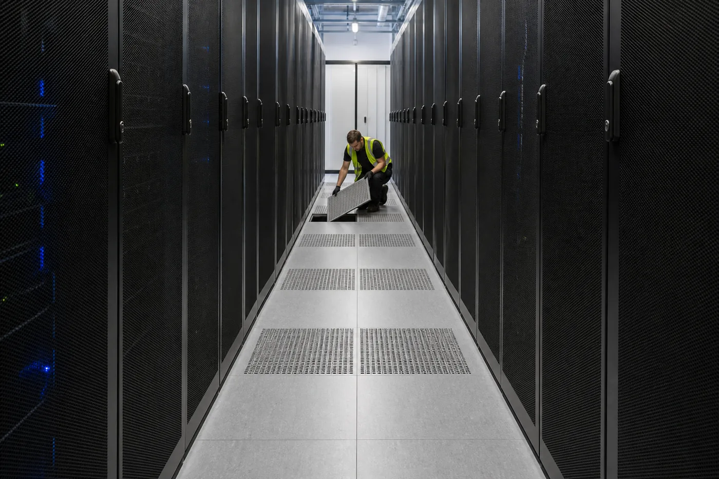 Data center cold aisle with perforated raised floor tiles and a technician repositioning a tile
