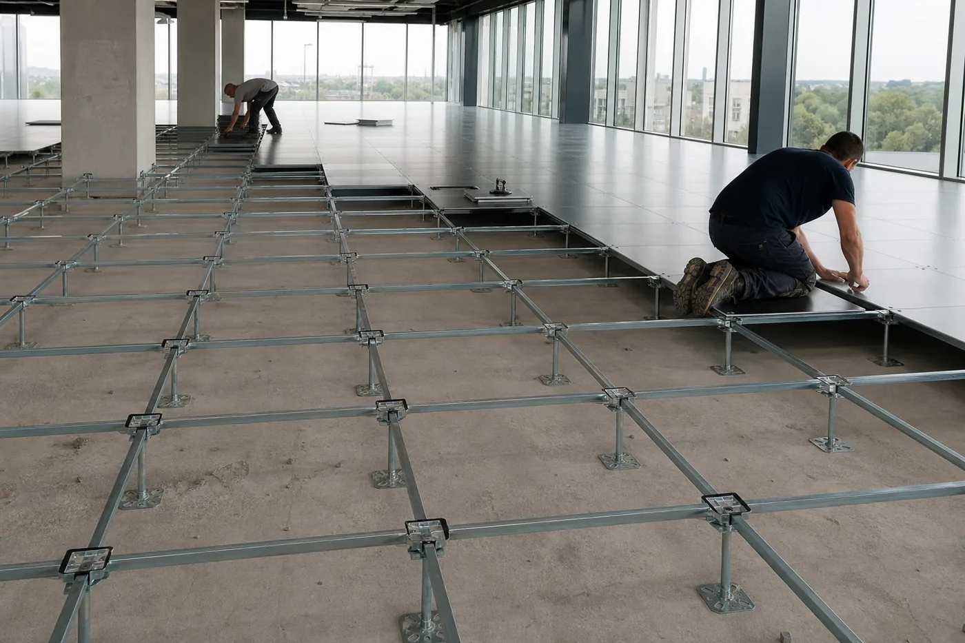Raised access floor installation in progress in a commercial office building