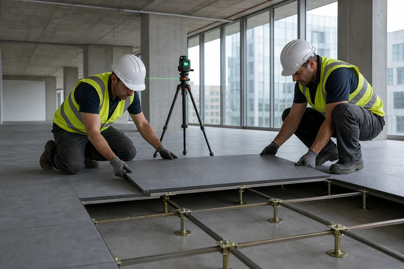 Workers installing raised access floor panels onto a pedestal grid in a commercial shell