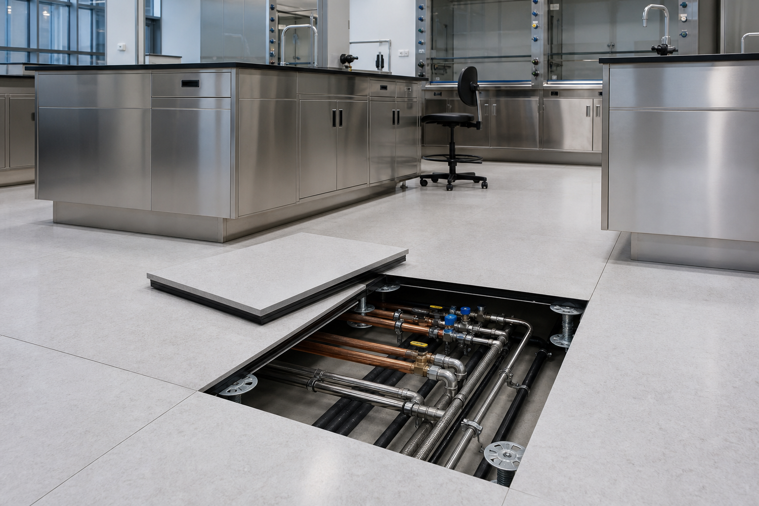 Laboratory interior with stainless steel benches, fume hoods and a raised access floor