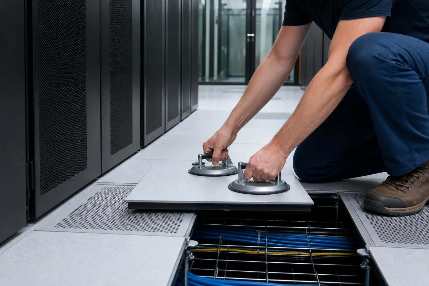 Technician lifting a raised floor panel with a suction cup panel lifter